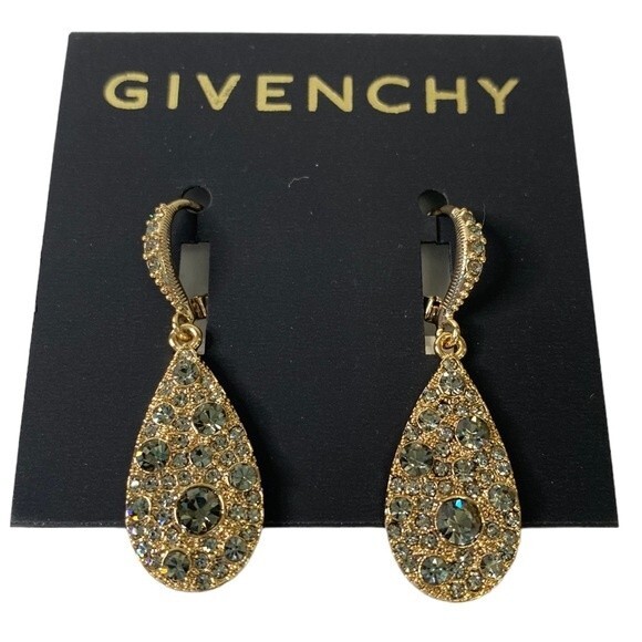 Givenchi Crystal Scattered Pave Tear Drop Earrings Gold Tone French Wire Closure - Picture 9 of 9